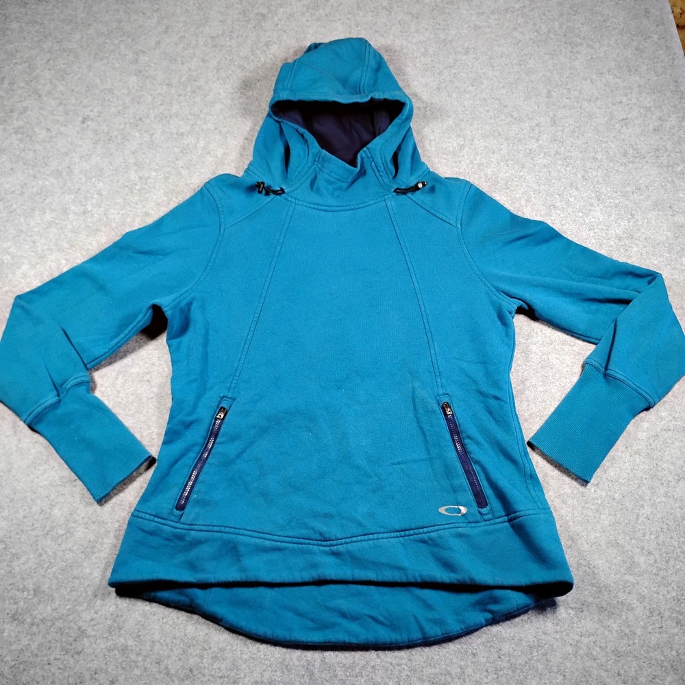 Oakley Womens Teal Blue Pullover Hoodie Sweatshirt Zip Pockets Size L